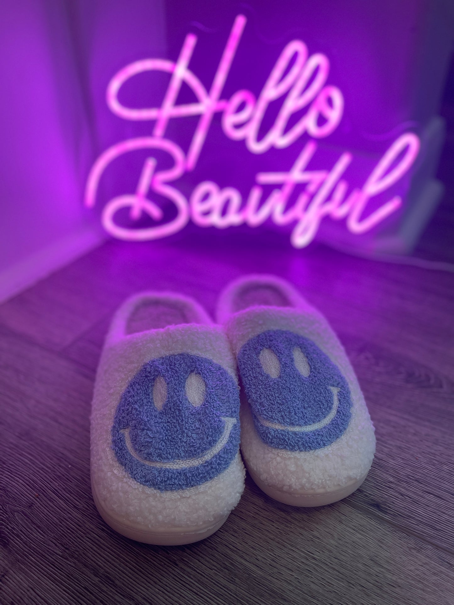 Blue Smiley Face Happy Feet Cozy Slippers