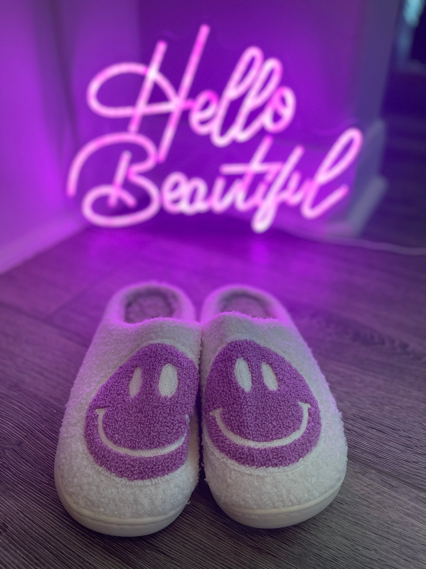 Purple Smiley Face Happy Feet Cozy Slippers