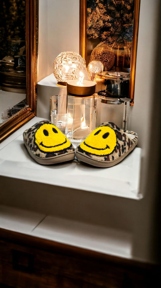 Leopard Smiley Face Happy Feet Cozy Slippers