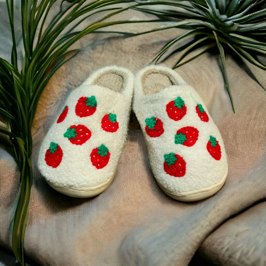 White Strawberries Happy Feet Cozy Slippers