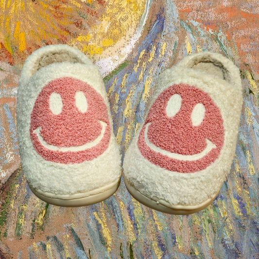 Pink Smiley Face Happy Feet Cozy Slippers