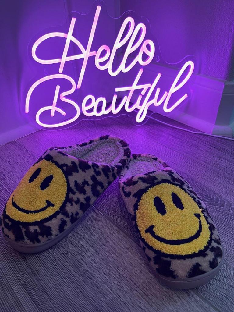 Leopard Smiley Face Happy Feet Cozy Slippers